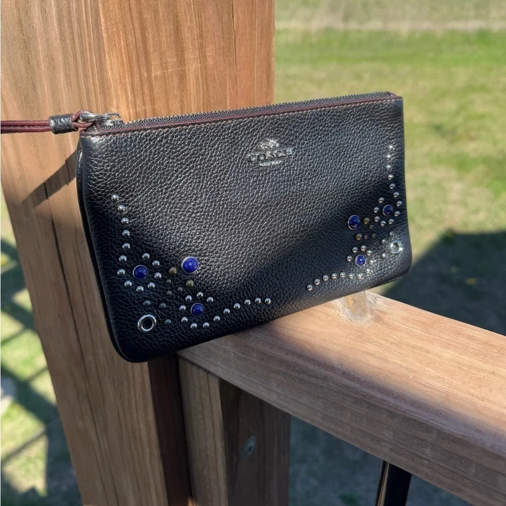 Coach Black Leather Wristlet Blue & Silver Studded